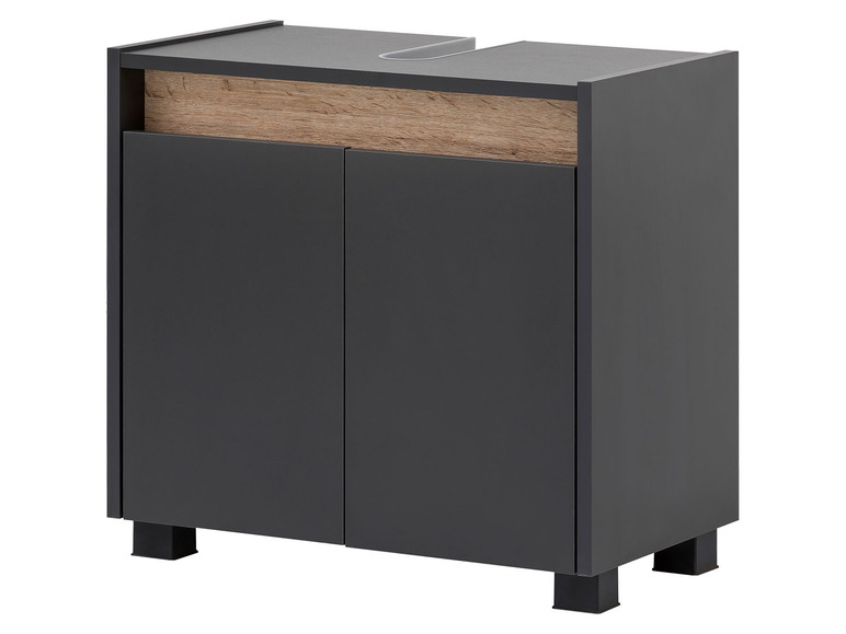 Ein dunkelgrauer Badschrank mit zwei Türen und einer Holzplatte.
