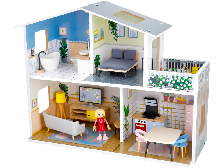 Mehrstöckiges Puppenhaus mit Möbeln, Bad, Schlafzimmer, Wohnzimmer und Küche.
