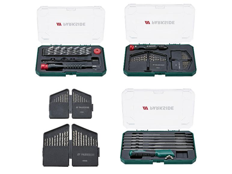 Parkside Werkzeugsets mit Bits, Bohrern und Feilen in transparenten Boxen.