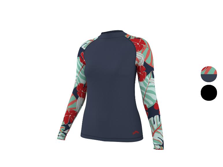 Damen-Langarmshirt in Dunkelblau mit tropisch gemusterten Ärmeln.