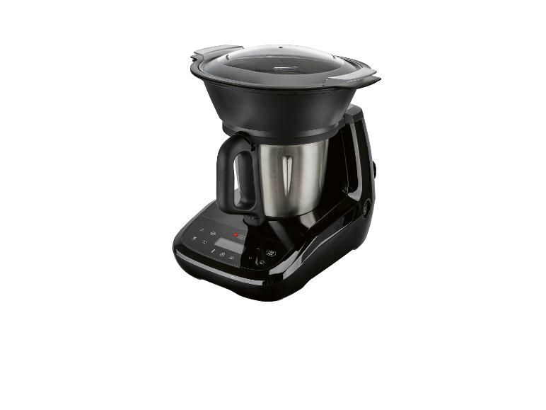 Schwarze Küchenmaschine mit Edelstahlschüssel und transparentem Deckel