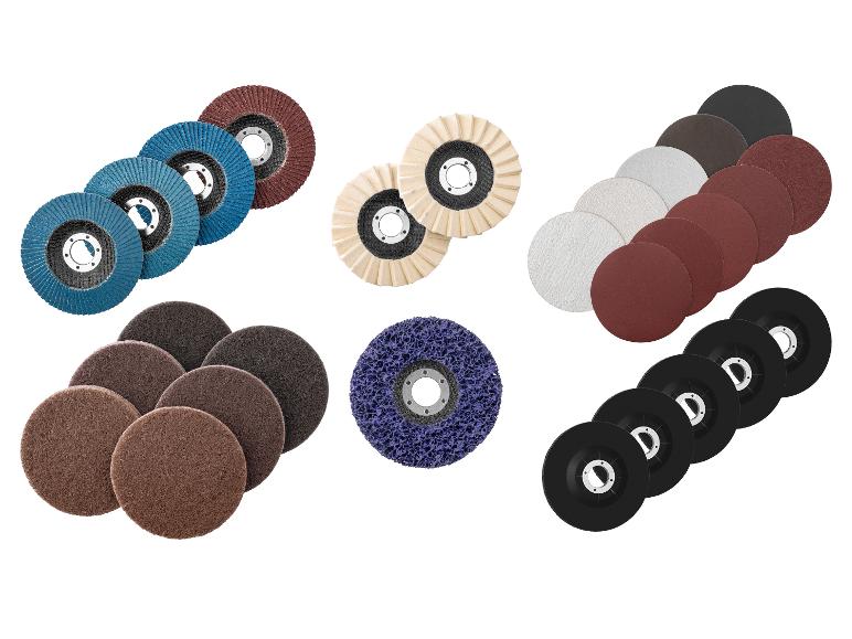Verschiedene Schleifscheiben, darunter Fächer-, Polier-, Schleif- und Abziehscheiben.