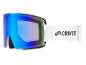 Skibrille mit blau verspiegelten Gläsern und weißem Band mit schwarzem Logo