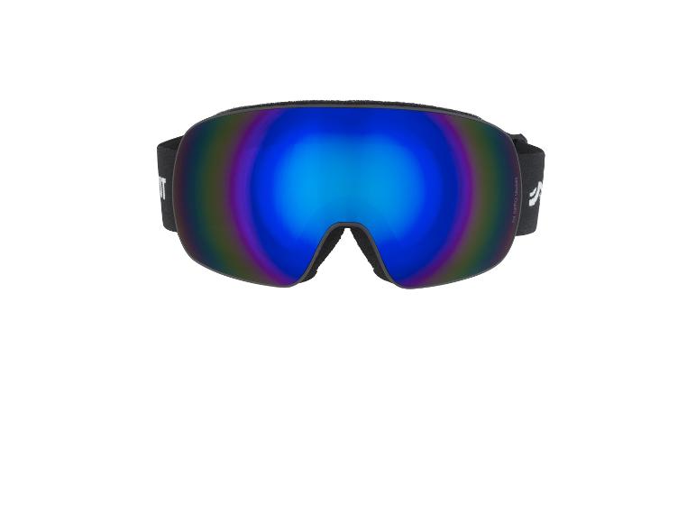Eine schwarze Skibrille mit einer blauen, reflektierenden Linse.