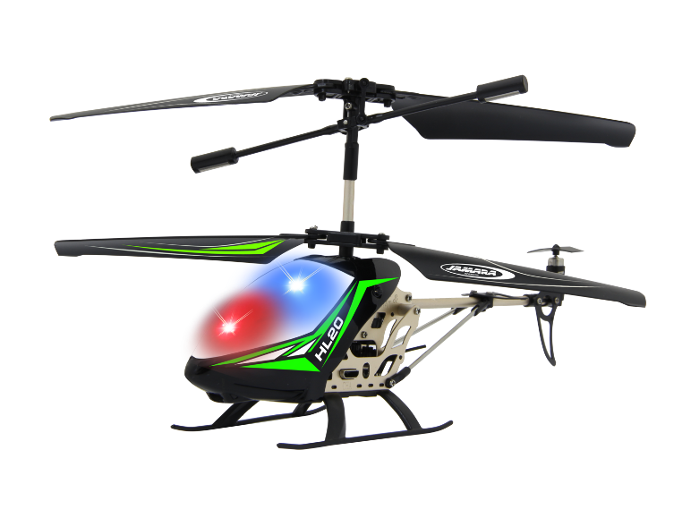 Spielzeug-Hubschrauber mit leuchtenden Lichtern auf schwarzem Hintergrund.