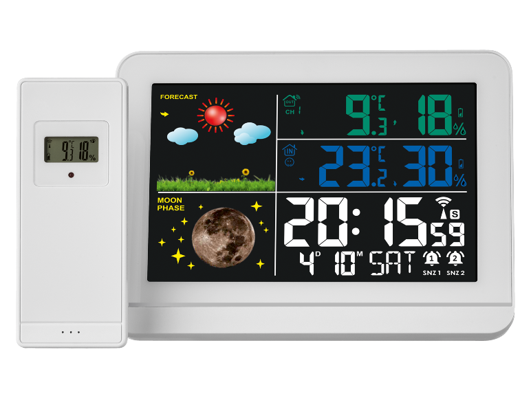 Drahtlose digitale Wetterstation mit weißem Gehäuse und externem Sensor.