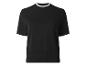 Schwarzes Kurzarm-T-Shirt mit Rundhalsausschnitt und weißem Besatz.