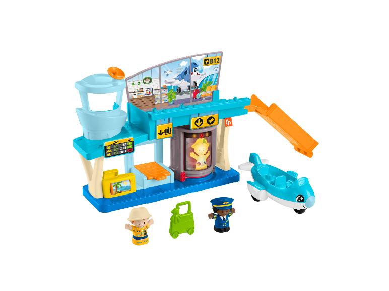 Spielzeug-Flughafen-Spielset mit Kontrollturm, Terminal, Flugzeug und zwei Figuren.