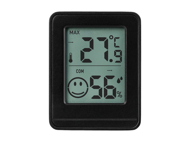 Schwarzes digitales Thermo-Hygrometer mit Display, das 27.9°C und 56% Luftfeuchtigkeit anzeigt.