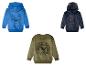 Kinder-Hoodies: blauer Sonic-Hoodie, marineblauer Paw Patrol-Hoodie und olivgrünes Jurassic World-Sweatshirt.