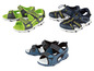 Drei Paar Kinderschuhe, zwei blaue und ein grün-graues Paar.