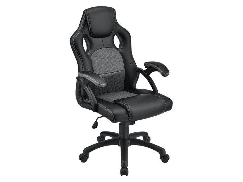 Schwarzer Bürostuhl mit hoher Rückenlehne und Rollen.