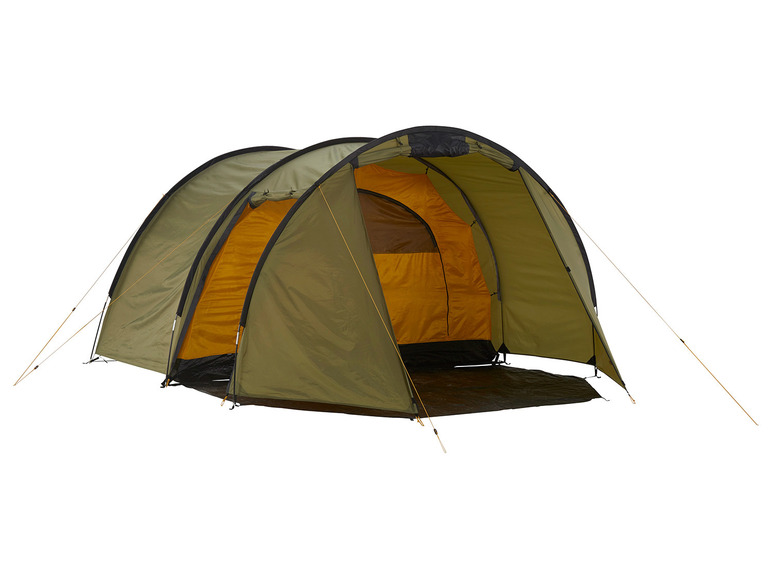 Ein grünes Zelt mit gelben Details und einem dunkelgrauen Boden.