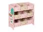 Rosa Kinder-Spielzeugregal mit Tiermotiven und neun Stoff-Aufbewahrungsboxen.