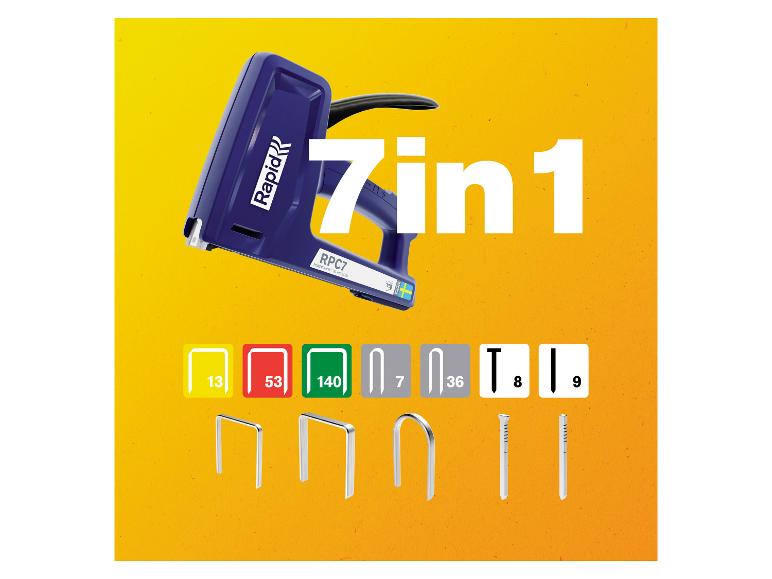 Rapid Handtacker RPC7 7-in-1 mit verschiedenen Klammer- und Nageltypen auf gelbem Hintergrund.