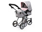 Ein grauer Kinderwagen mit rosa Details.