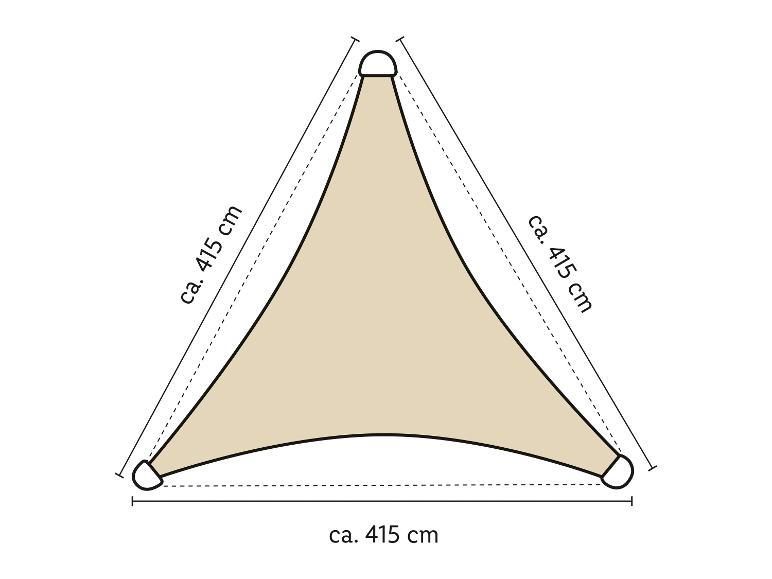 Dreieckiges Sonnensegel mit Seitenlängen von ca. 415 cm.