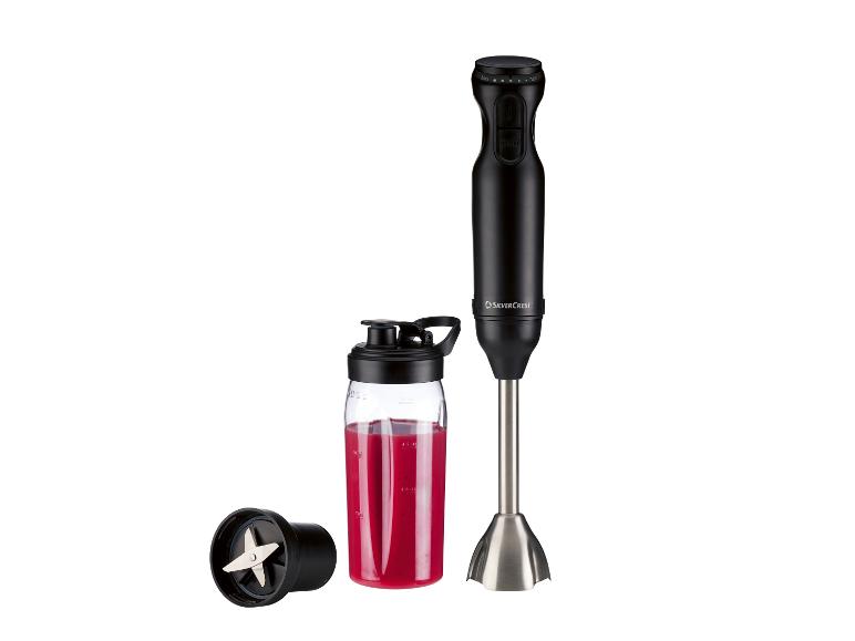 SilverCrest Stabmixer mit Smoothie-Flasche und Klingenaufsatz.