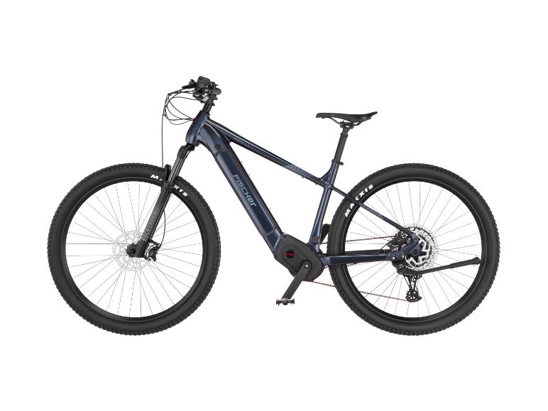 Dunkelblaues E-Mountainbike mit schwarzen Reifen und grauen Details.
