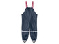 Blaue Regenhose mit rosa Trägern für Kinder.
