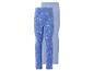 Zwei Paar blaue Kinderleggings, eine mit Elsa-Motiv und Blumen, die andere unifarben.