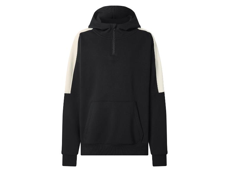 Schwarzer Kapuzenpullover mit cremefarbenen Ärmeln und halbem Reißverschluss