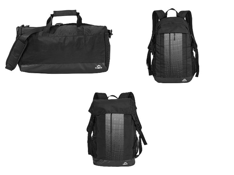 Crivit Sporttaschen: eine Sporttasche und zwei schwarze Rucksäcke.