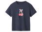 Dunkelblaues T-Shirt mit rotem Kirsch- und weißem Schleifenaufdruck.