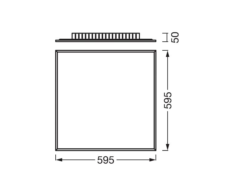 Maßzeichnung einer quadratischen Deckenleuchte mit den Abmessungen 595x595x50 mm.