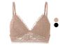 Spitzen-Bralette in Beige mit dünnen Trägern, mit Farbmustern in Beige und Schwarz.