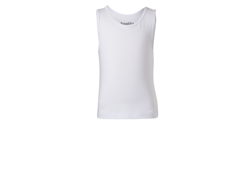 Weißes Kinder-Tanktop mit Markenlogo am Hals.