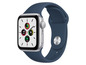 Eine silberne Apple Watch mit einem dunkelblauen Armband.