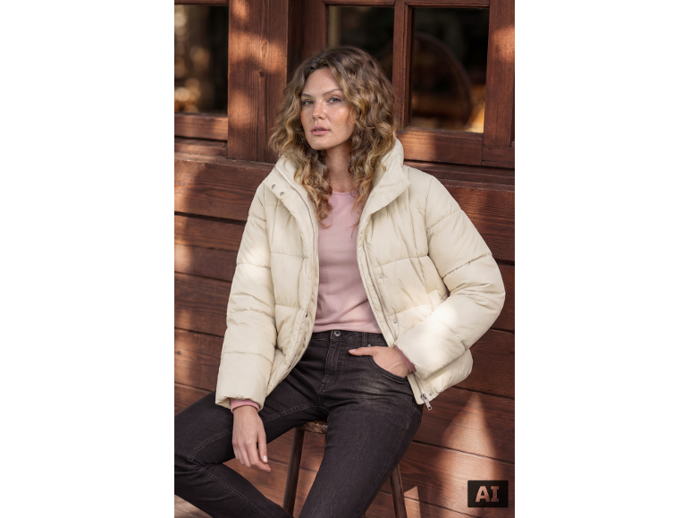 Frau in cremefarbener Steppjacke, rosa Langarmshirt und dunkler Jeans, sitzt draußen.