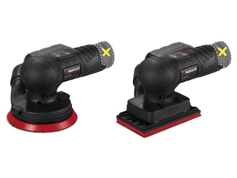 Zwei Parkside Performance Schleifgeräte, ein Exzenterschleifer und ein Schwingschleifer, ohne Akku.