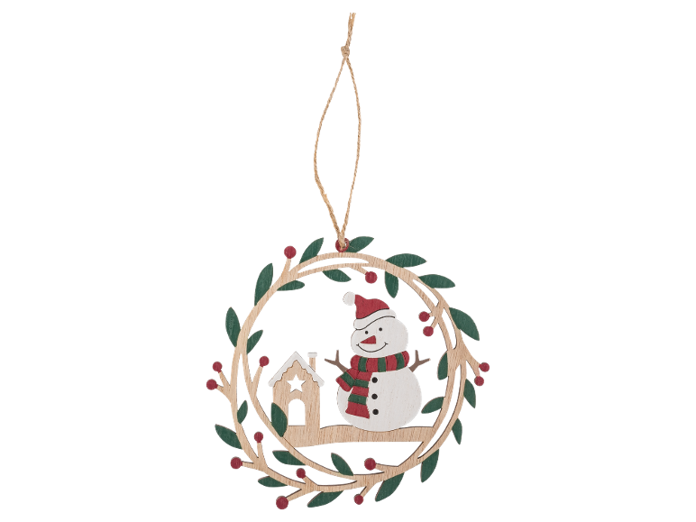 Hölzerne Weihnachtsdekoration mit Kranz, Schneemann und Haus.