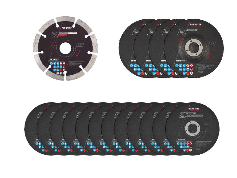 Eine Diamanttrennscheibe für Beton und Mauerwerk sowie zwei Stapel Schleifscheiben für Metall.