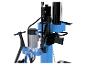 Detail eines blau-schwarzen elektrischen Holzspalters mit Motor und Bedienelementen.