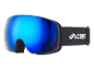 Skibrille mit blauen Spiegelgläsern und schwarzem Band mit weißem Logo.