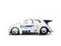 Weißes Modellauto mit blauen R2-D2-inspirierten Details auf weißem Hintergrund.