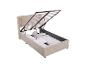 JUSKYS Polsterbett »Savona«: beiges Polsterbett mit offenem Bettkasten und sichtbarer Bettwäsche.