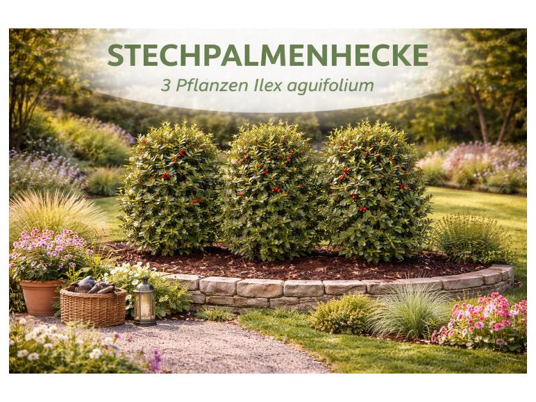 Drei Stechpalmensträucher mit roten Beeren in einem sonnigen Garten, mit dem Text „STECHPALMENHECKE 3 Pflanzen Ilex aguifolium“.