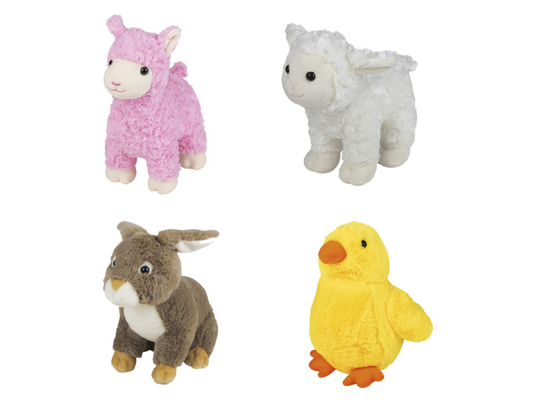 Ein rosa Lama, ein weißes Lamm, ein braunes Kaninchen und ein gelbes Küken.