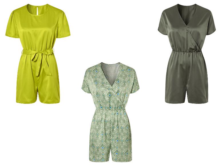 Kurze Jumpsuits: einfarbig lindgrün, einfarbig olivgrün und grün-geometrisches Muster.