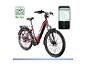 Rotes E-Bike mit Smartphone, das Karte und Fahrdaten anzeigt, neben einem Ride-App-Logo.