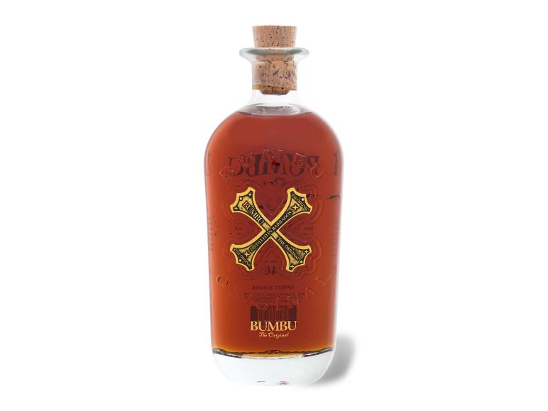 Eine Flasche Rum mit einem goldfarbenen Etikett, das ein 'X'-Design und den Text 'The Original' zeigt.