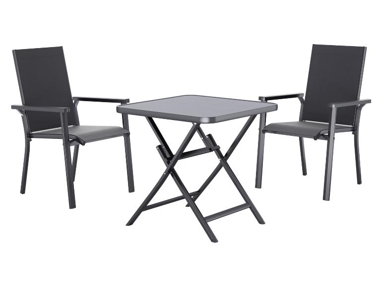 Outdoor-Bistro-Set mit zwei dunkelgrauen Stühlen und einem passenden quadratischen Klapptisch.