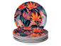 Ein Set mit vier Speisetellern mit einem tropischen Blumendesign.