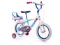 Ein blaues Kinderfahrrad mit Frozen-Motiv und Stützrädern.