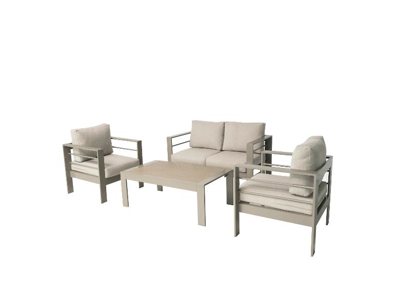 Gartenmöbel-Set mit Sofa, zwei Sesseln und Couchtisch, mit beigen Kissen