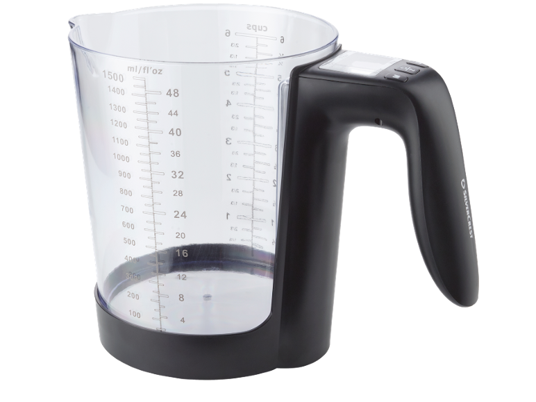 Messbecher mit integrierter Waage, zeigt ml/fl'oz und Tassen an